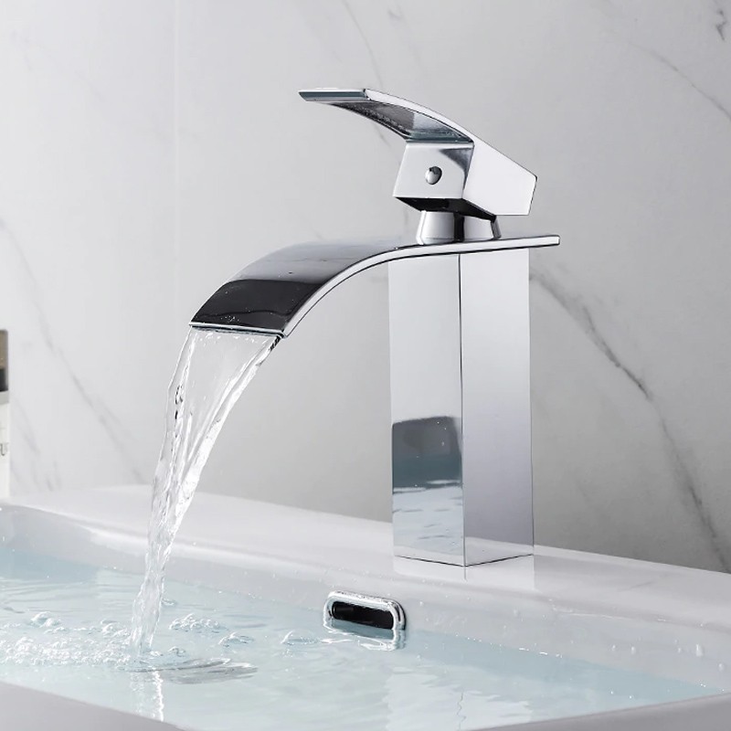 Grifo Lavabo tipo Cascada Monomando Mezclador Ajustable de Caliente y Frío