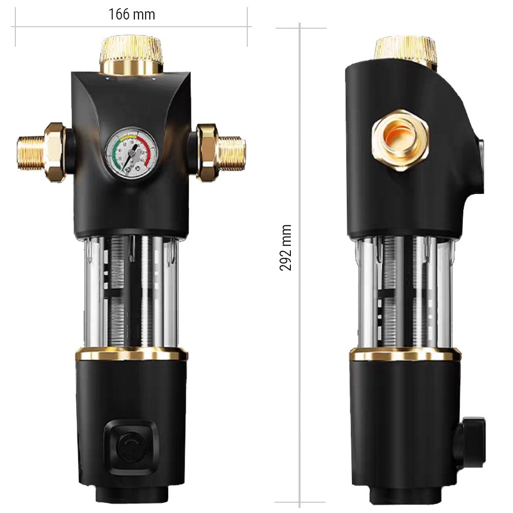 Pre Filtro de agua con manómetro de alto caudal y válvula de lavado