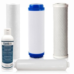 Pack 4 Filtros de agua mas higienizador SANITEK para Osmosis Inversa Universal 5 etapas