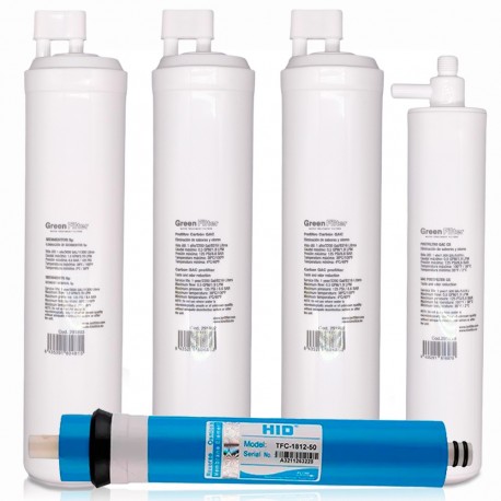 Kit 4 filtros recambio osmosis inversa green filter tipo CS con post filtro CS y membrana