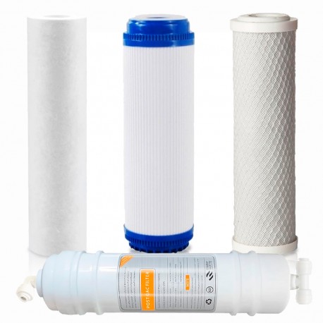 Pack 4 Filtros de agua para Osmosis Inversa Universal 5 etapas, 1 Sedimentos, 2 CTO y 1 Post Filtro de conexión rápida